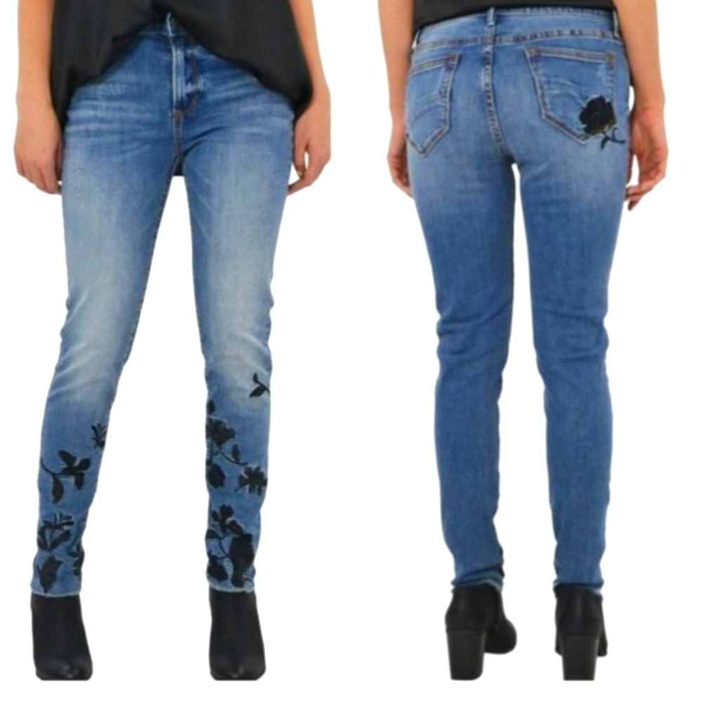 DRIFTWOOD midnight dream Jeans with black Floral Design inseam 28"